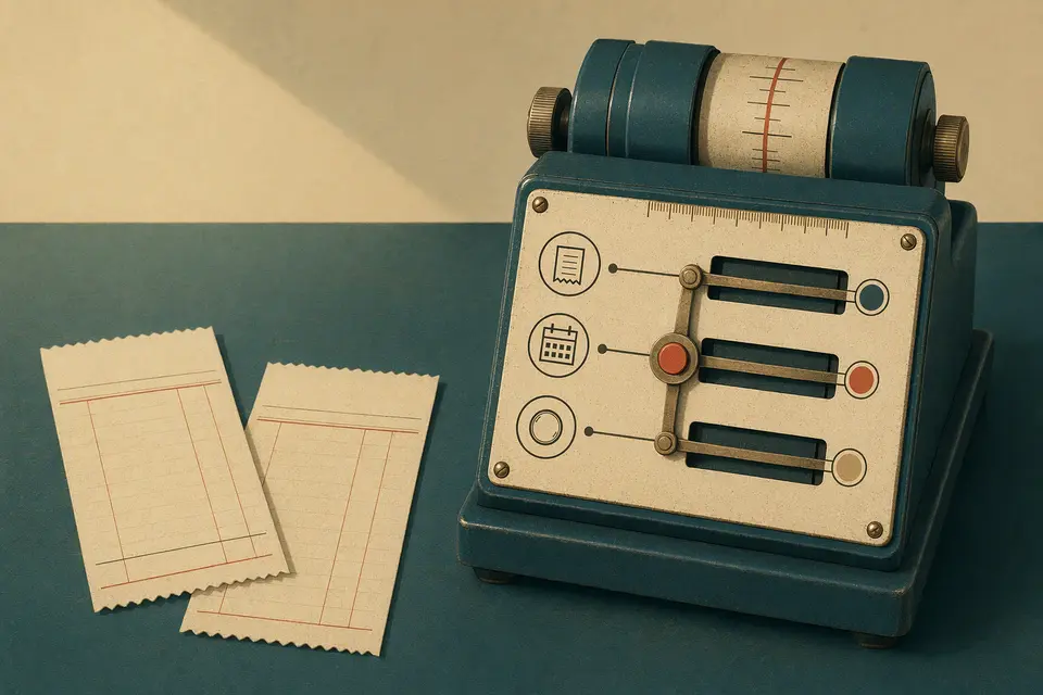 A fictional teal and cream desktop accounting instrument with invoice slips, a date dial, and a coral signal button.